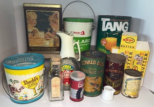 lot 233 image: Vintage Breakfast Tin Bottles Containers Donald Duck Florida Grapefruit Juice Shedds Peanut Butter