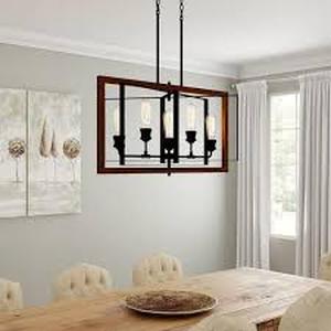 Home Decorators Collection Palermo Grove 5-Light Black with Walnut Accent Linear Coastal Chandelier for Kitchen Island and Dining Room with Bulbs Customer Returns See Pictures