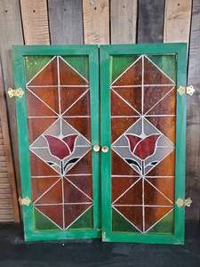 lot 90 image: 2 Stained Glass Cabinet Window Shutter  Cabinet Doors Beautiful Color