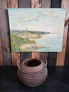 lot 98 image: Great vintage Weaved Basket  Consigner States it is Hand Made, Vintage Oil Painting of Lake Superior by Sven Peterson