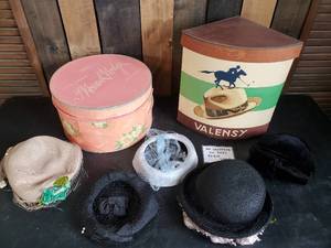 lot 100 image: 3 Vintage Hat Boxes and 4 Vintage Hats  Unique Valensy, Fifth Ave, and others