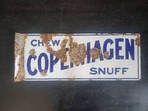 lot 1 image: RARE Vintage 2 Sided Flange Porcelain Copenhagen Metal Embossed Sign  Super Cool