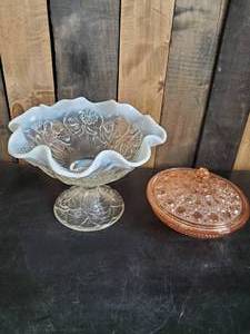 lot 18 image: BEAUTIFUL Fenton Large Glass Frosted Dish and Pink Depression Glass Lidded Dish