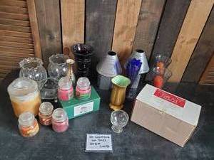 lot 24 image: New Candles, Holders, Gorgeous Deep Red Vase Tin Tea Light Holders and More