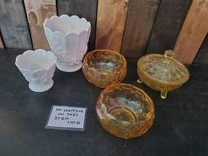 lot 62 image: Vintage Amber Glass, Milk Glass, and Yellow Glass Dishes and Vases