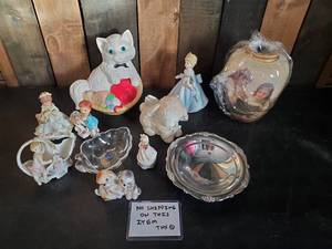 lot 65 image: Misc lot of Ceramic Items and other fun display pieces Kitten Yarn Holder, Ceramic Dogs and more