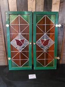 lot 75 image: Pair of Tall Stained Glass Windows  Cupboard Doors