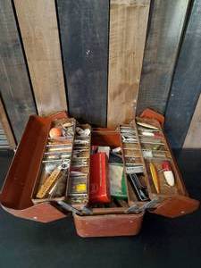lot 76 image: Vintgage Tackle Box Filled with vintage Tackle  This is a Great Box of Fun