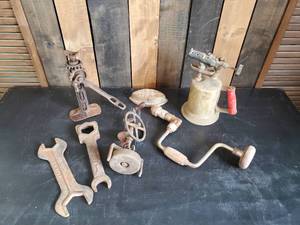 lot 93 image: Misc Vintage Tools Brass Blow Torch, Wrenches and More