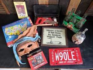 lot 95 image: Misc Items Including Vintage Leather Half Mask, Childrens Toy Tools, Vintage metal Savings and Loan Box and More