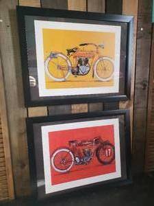 lot 114 image: 2 Beautiful - Reed White Art - Merkel on Mustard and Red on Red Prints Beautiful Color Indian Motorcycles