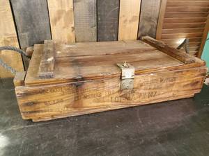 lot 115 image: Vintage Wood Military Shell Box with Rope Handles