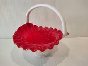 lot 81 image: Milk Glass White Hobnail and Red Brides Basket