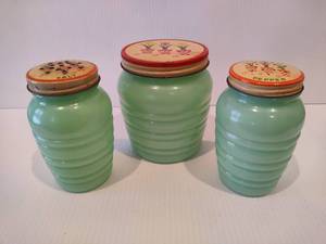 lot 3 image: Rare Fire King Jadeite Grease Jar  Salt & Pepper Shakers