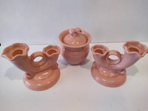 lot 32 image: Mikasa Country Fresh Peach Sugar Bowl & Two Abingdon Pottery Candle Holders