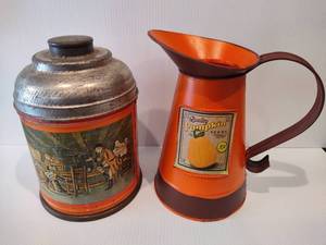 lot 71 image: Vintage Decor Tin Canister & Pitcher