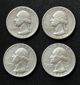 lot 40 image: Four Washington Quarters (90% Silver) 1936 (VG)  1944-D (VFF)  1962-D (AU)  1962-D (AU)