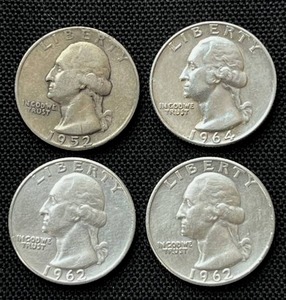 lot 41 image: Four Washington Quarters (90% Silver) 1952-D (VFF)  1964-D (EF)  1962-D (AU)  1962-D (AU)