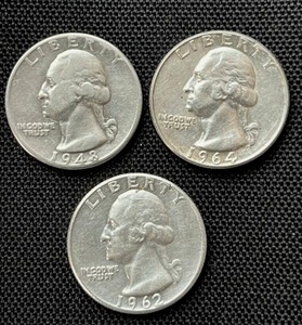 lot 42 image: Three Washington Quarters (90% Silver) 1948-D (VFF)  1964 (VFF)  1962-D (AU)