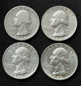 lot 43 image: Four Washington Quarters (90% Silver) 1934 (VG)  1964-D (VFF)  1962 (AU)  1962 (AU)