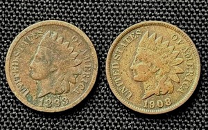 lot 48 image: Two Indian Head Pennies 1893 (VG) and 1908 (VFF)