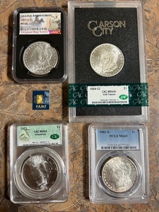 1882 CC MS-64 Bag Frag, 1884 CC GSA CAC 64, PAMP 1 gram gold, 1923 CAC MS-64 Peace Dollar,1881 S Morgan MS-65