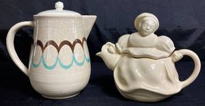 lot 20 image: Red Wing Pottery Cream Dutch Woman Peasant Girl Teapot and Red Wing Two Step Teapot