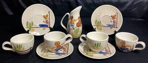 lot 18 image: Vintage Red Wing Pottery Round Up Pattern Cups, Saucers and Creamer Pitcher