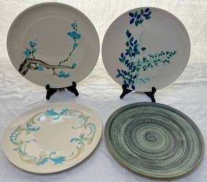 lot 42 image: Vintage Red Wing Pottery Dinner Plates, Blue Collection- Frontenac 10.25, Driftwood 11, Mediterrania 10.5 and Ebb Tide 10.25