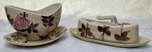 lot 36 image: Red Wing Pottery Tampico Pattern Gravy Boat with Attached Underplate 7.25 and Covered Butter Dish 9 L