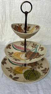 lot 28 image: Red Wing Pottery Tampico Pattern Three Tiered Tidbit Tray