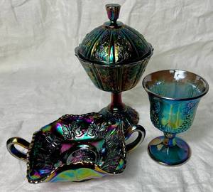 lot 67 image: Carnival Glass Collection - Fenton Butterfly Two Handle Dish,Fenton Daisy Compote and Indiana Glass Harvest Goblet