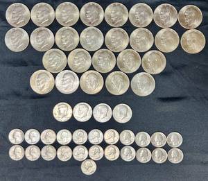 lot 100 image: Collection of Bicentennial Coins includes 26 Eisenhower Dollars, 4 JFK Half Dollars and 33 Washington Quarters