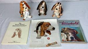 lot 71 image: Basset Hound Bundle of 3 Planters, Lifesavers Ad, Basset Hound Illustrated Standard and Womens Household Magazine