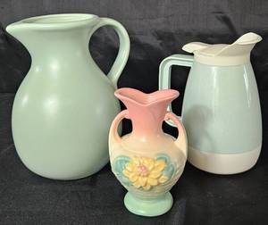 lot 109 image: Vintage Hull Art Pottery Small Water Lily Vase 5.75, Vintage Chicago Harris Pottery Pitcher and West Bend Thermo-Serv Insulated Carafe
