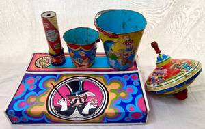 lot 113 image: Vintage Toy Lot with Tin Top, Kaleidoscope, Tin Buckets and Mattel Magic Show Stoppers Show Case