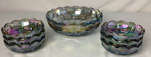 lot 66 image: Vintage Carnival Iridescent Thumb Print Pattern Serving Bowl and 6 Dessert Bowls