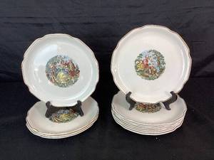 Vintage Harker Pottery Co. 9 Plates with Colonial Couples