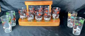 1950s MCM Hazel Atlas EquestrianHunting Scene Glass Set in Carrier and 4 Hunting Dog with Ducks in Flights Glasses
