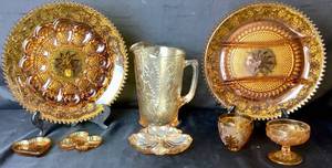 Vintage Indiana and Jeanette Glass Collection - Tiara Amber Fairy Lamp,  Heart Shaped Dish, Clover Club Dish, Divided Serving Platter, Deviled Egg Plate, Floragold Iridescent Pitcher and Three Leaf Snack Bowl