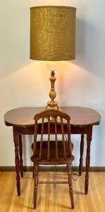 Vintage Kidney Shaped Dressing Table, Chair and Milk Glass & Wood Lamp
