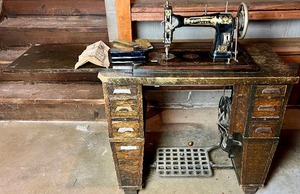 Antique White Rotary Sewing Machine and Cabinet