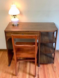 Vintage Art Deco Desk with 3 open Shelves and Milk Glass Hobnail Desk Lamp