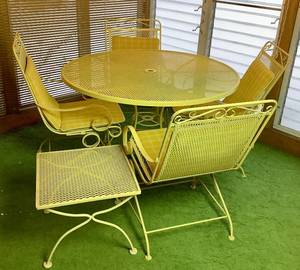 MCM Daisy Yellow Patio Wrought Iron Set with Round Table, 4 Chairs and Small Side Table