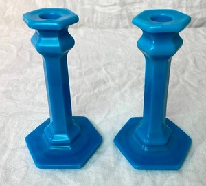 Vintage Cambridge Glass Azurite Blue Hexagonal Candle Holders