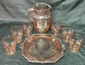 Anchor Hocking Mayfair Open Rose Pink Depression Glass Pitcher, Cake Plate and Pink Tudor Ring Tumblers