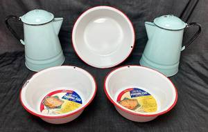 Vintage Enamelware Bundle - Pudding Pans, 10 BowlBasin and 2 Coffee Pots with Hinged Lids