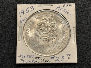lot 5 image: 1953 Mexico 5 Peso Silver Uncirculated