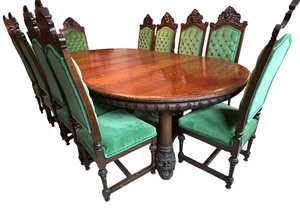 lot 3 image: Antique French Royalty Louis LXV Style Dining Table with Ten Chairs  Antique Quartersewn Oak Dining Table