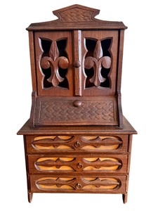 lot 107 image: Miniature Carved Secretary  Childrens Doll Secretary Cabinet